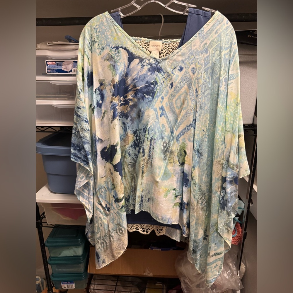 Chico's Multicolor Abstract Poncho Top and Blue Tank
